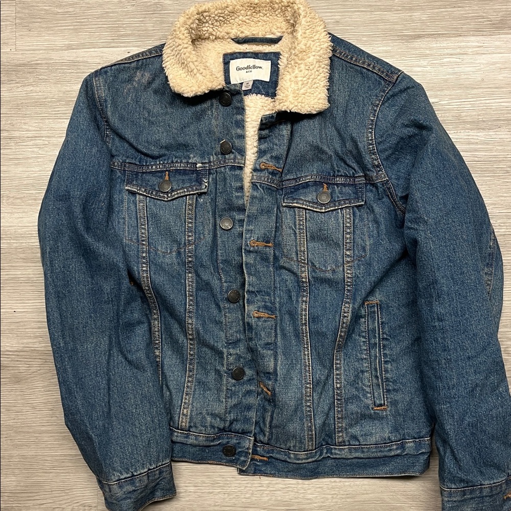 Goodfellow & Co Blue Denim Jacket with Cream Sherpa Collar